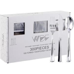 imageWDF 300 Pieces Silver Plastic Silverware  Plastic Silverware Heavy Duty  100 Forks 100 Knives 100 Spoons  Disposable Silver Cutlery Perfect for PartyWeddingSilver  Modern
