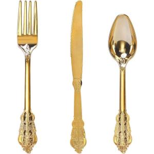 imageWDF 300 Pieces Silver Plastic Silverware  Plastic Silverware Heavy Duty  100 Forks 100 Knives 100 Spoons  Disposable Silver Cutlery Perfect for PartyWeddingGold  Baroque