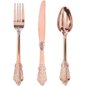 imageWDF 300 Pieces Silver Plastic Silverware  Plastic Silverware Heavy Duty  100 Forks 100 Knives 100 Spoons  Disposable Silver Cutlery Perfect for PartyWeddingRose Gold  Baroque