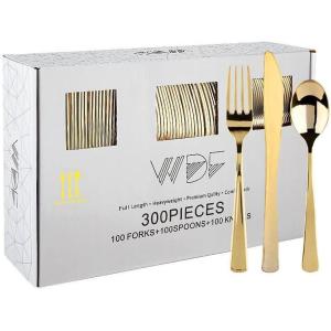 imageWDF 300 Pieces Silver Plastic Silverware  Plastic Silverware Heavy Duty  100 Forks 100 Knives 100 Spoons  Disposable Silver Cutlery Perfect for PartyWeddingGold  Modern