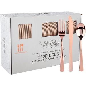 imageWDF 300 Pieces Silver Plastic Silverware  Plastic Silverware Heavy Duty  100 Forks 100 Knives 100 Spoons  Disposable Silver Cutlery Perfect for PartyWeddingRose Gold  Modern