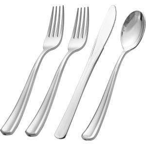 imageWDF 300 Pieces Silver Plastic Silverware  Plastic Silverware Heavy Duty  100 Forks 100 Knives 100 Spoons  Disposable Silver Cutlery Perfect for PartyWeddingSilver  Modern  500PCS
