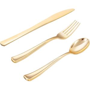 imageWDF 300 Pieces Silver Plastic Silverware  Plastic Silverware Heavy Duty  100 Forks 100 Knives 100 Spoons  Disposable Silver Cutlery Perfect for PartyWeddingGold  Modern  500PCS