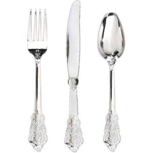 imageWDF 300 Pieces Silver Plastic Silverware  Plastic Silverware Heavy Duty  100 Forks 100 Knives 100 Spoons  Disposable Silver Cutlery Perfect for PartyWeddingSilver  Baroque