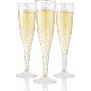 imageWDF 36 Pack Pink Glitter Plastic Champagne Flutes  7OZ Disposable Pink Glasses Glitter Champagne Flutes Plastic for Party ampamp WeddingGold