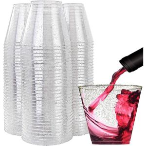 imageWDF 60 PACK Clear Plastic Cups 9 Oz Clear Disposable Cups For Party Holiday Gathering WeddingSilver Glitter 200Count
