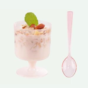 imageWDF 7oz Clear Dessert Cups Disposable  96 Pack Dessert Cups With Mini Gold Spoons Plastic Parfait Cups Medium to Large 48 Ice Cream Plastic Cups ampamp 48 Gold Tasting Spoons for Weddings ampamp PartyPink  7oz