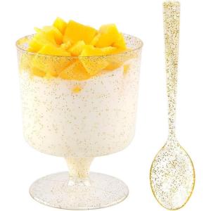 imageWDF 7oz Clear Dessert Cups Disposable  96 Pack Dessert Cups With Mini Gold Spoons Plastic Parfait Cups Medium to Large 48 Ice Cream Plastic Cups ampamp 48 Gold Tasting Spoons for Weddings ampamp PartyGold Glitter  7oz