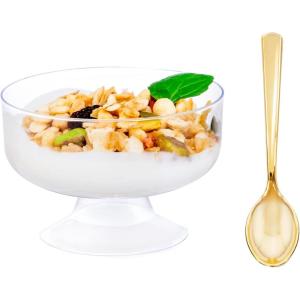 imageWDF 7oz Clear Dessert Cups Disposable  96 Pack Dessert Cups With Mini Gold Spoons Plastic Parfait Cups Medium to Large 48 Ice Cream Plastic Cups ampamp 48 Gold Tasting Spoons for Weddings ampamp PartyClear  7oz