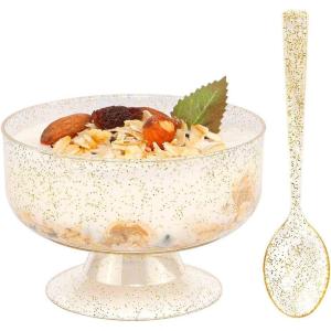 imageWDF 7oz Clear Dessert Cups Disposable  96 Pack Dessert Cups With Mini Gold Spoons Plastic Parfait Cups Medium to Large 48 Ice Cream Plastic Cups ampamp 48 Gold Tasting Spoons for Weddings ampamp PartyGold  7oz