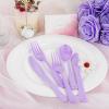 imageWDF 120 Pieces Heavy Duty Pink Plastic Silverware  Pink Plastic Cutlery Set  Disposable Pink Utensils  Disposable Flatware Includes 40 Forks 40 Spoons 40 Knives for Party WeddingPurple