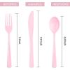 imageWDF 120 Pieces Heavy Duty Pink Plastic Silverware  Pink Plastic Cutlery Set  Disposable Pink Utensils  Disposable Flatware Includes 40 Forks 40 Spoons 40 Knives for Party WeddingPink