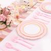 imageWDF 120 Pieces Heavy Duty Pink Plastic Silverware  Pink Plastic Cutlery Set  Disposable Pink Utensils  Disposable Flatware Includes 40 Forks 40 Spoons 40 Knives for Party WeddingPink