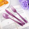 imageWDF 180 Pieces Pink Plastic Silverware Disposable  Clear Pink Cutlery Sets 60 Forks 60 Knives and 60 Spoons  Heavy Duty Disposable Utensils for Wedding PartyClear Purple  180PCS