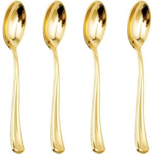 imageWDF 100 Pack Gold Plastic Spoons Disposable  Durable Heavy Duty 69 Inch Gold Spoons Heat Resistant Modern Disposable Spoons Perfect for Parties Wedding BanquetsGold Spoons