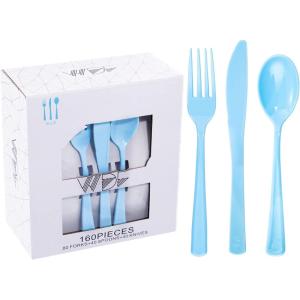 imageWDF 120 Pieces Heavy Duty Pink Plastic Silverware  Pink Plastic Cutlery Set  Disposable Pink Utensils  Disposable Flatware Includes 40 Forks 40 Spoons 40 Knives for Party WeddingBlue