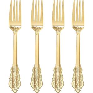 imageWDF 120 Pieces Heavy Duty Pink Plastic Silverware  Pink Plastic Cutlery Set  Disposable Pink Utensils  Disposable Flatware Includes 40 Forks 40 Spoons 40 Knives for Party WeddingGold