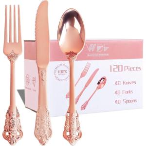 imageWDF 120 Pieces Heavy Duty Pink Plastic Silverware  Pink Plastic Cutlery Set  Disposable Pink Utensils  Disposable Flatware Includes 40 Forks 40 Spoons 40 Knives for Party WeddingRose Gold