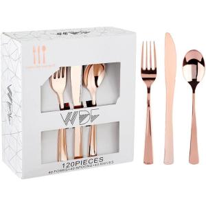 imageWDF 120 Pieces Heavy Duty Pink Plastic Silverware  Pink Plastic Cutlery Set  Disposable Pink Utensils  Disposable Flatware Includes 40 Forks 40 Spoons 40 Knives for Party WeddingModern Rose Gold