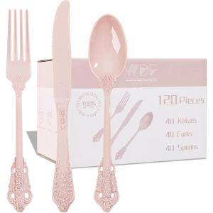 imageWDF 120 Pieces Heavy Duty Pink Plastic Silverware  Pink Plastic Cutlery Set  Disposable Pink Utensils  Disposable Flatware Includes 40 Forks 40 Spoons 40 Knives for Party WeddingPink