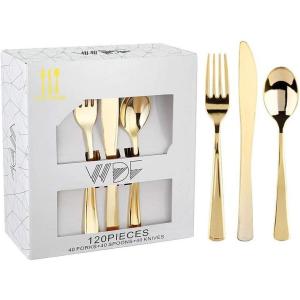 imageWDF 120 Pieces Heavy Duty Pink Plastic Silverware  Pink Plastic Cutlery Set  Disposable Pink Utensils  Disposable Flatware Includes 40 Forks 40 Spoons 40 Knives for Party WeddingModern Gold