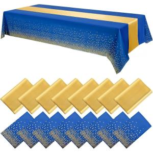 imageWDF 16Pack Green and Gold Plastic Tablecloths and Runners 54 x 108 Inch Gold Dot Rectangle for PartiesWeddingSt Patricks DayBlue Gold  16pack