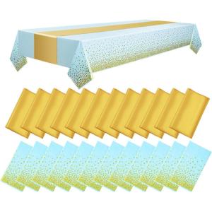 imageWDF 16Pack Green and Gold Plastic Tablecloths and Runners 54 x 108 Inch Gold Dot Rectangle for PartiesWeddingSt Patricks DayLight Blue Gold  16pack