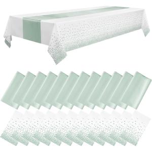 imageWDF 16Pack Green and Gold Plastic Tablecloths and Runners 54 x 108 Inch Gold Dot Rectangle for PartiesWeddingSt Patricks DaySage Green White  16pack