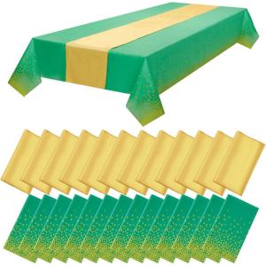 imageWDF 16Pack Royal Blue and Gold Plastic Tablecloths With Table Runners  54 x 108 Inch Rectangle Cloths 12 x 108 Inch Satin Runners for PartiesWeddingGreen White  16pack