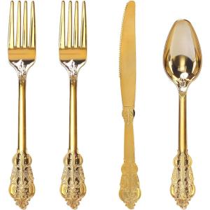 imageWDF 180 Pieces Pink Plastic Silverware Disposable  Clear Pink Cutlery Sets 60 Forks 60 Knives and 60 Spoons  Heavy Duty Disposable Utensils for Wedding PartyGold  200PCS