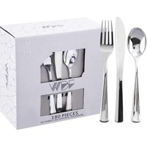 imageWDF 180 Pieces Pink Plastic Silverware Disposable  Clear Pink Cutlery Sets 60 Forks 60 Knives and 60 Spoons  Heavy Duty Disposable Utensils for Wedding PartySilver  180PCS