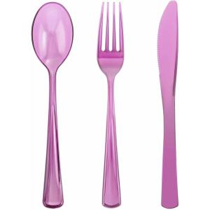 imageWDF 180 Pieces Pink Plastic Silverware Disposable  Clear Pink Cutlery Sets 60 Forks 60 Knives and 60 Spoons  Heavy Duty Disposable Utensils for Wedding PartyClear Purple  180PCS