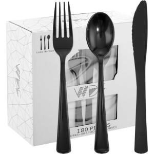 imageWDF 180 Pieces Pink Plastic Silverware Disposable  Clear Pink Cutlery Sets 60 Forks 60 Knives and 60 Spoons  Heavy Duty Disposable Utensils for Wedding PartyBlack  180PCS