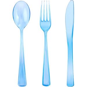 imageWDF 180 Pieces Pink Plastic Silverware Disposable  Clear Pink Cutlery Sets 60 Forks 60 Knives and 60 Spoons  Heavy Duty Disposable Utensils for Wedding PartyClear Blue  180PCS