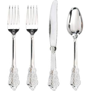 imageWDF 180 Pieces Black Silverware Cutlery Disposable  Plastic Flatware Set 60 Forks 60 Knives and 60 Spoons  Heavy Duty Black Plastic Cutlery  Disposable Utensils for Halloween Party WeddingSilver  200PCS