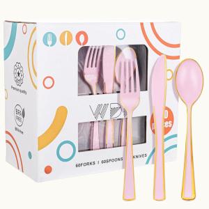 imageWDF 180 Pieces Black Silverware Cutlery Disposable  Plastic Flatware Set 60 Forks 60 Knives and 60 Spoons  Heavy Duty Black Plastic Cutlery  Disposable Utensils for Halloween Party WeddingPink and Gold