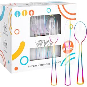 imageWDF 180 Pieces Black Silverware Cutlery Disposable  Plastic Flatware Set 60 Forks 60 Knives and 60 Spoons  Heavy Duty Black Plastic Cutlery  Disposable Utensils for Halloween Party WeddingRainbow