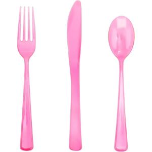 imageWDF 180 Pieces Black Silverware Cutlery Disposable  Plastic Flatware Set 60 Forks 60 Knives and 60 Spoons  Heavy Duty Black Plastic Cutlery  Disposable Utensils for Halloween Party WeddingClear Pink  180PCS