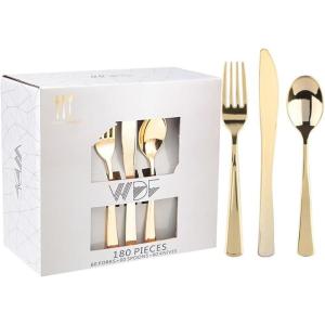 imageWDF 180 Pieces Black Silverware Cutlery Disposable  Plastic Flatware Set 60 Forks 60 Knives and 60 Spoons  Heavy Duty Black Plastic Cutlery  Disposable Utensils for Halloween Party WeddingGold  180PCS