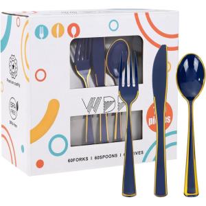 imageWDF 180 Pieces Black Silverware Cutlery Disposable  Plastic Flatware Set 60 Forks 60 Knives and 60 Spoons  Heavy Duty Black Plastic Cutlery  Disposable Utensils for Halloween Party WeddingBlue and Gold