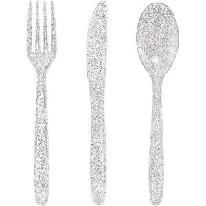 imageWDF 360 Pink Glitter Plastic Silverware  Disposable Glitter Cutlery  Plastic Silverware inluding 120 Forks 120 Spoons 120 Knives for Pink Birthday ampamp Baby ShowerSilver Glitter