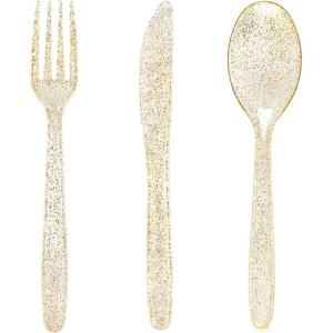 imageWDF 360 Pink Glitter Plastic Silverware  Disposable Glitter Cutlery  Plastic Silverware inluding 120 Forks 120 Spoons 120 Knives for Pink Birthday ampamp Baby ShowerGold Glitter
