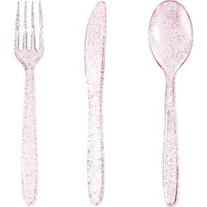 imageWDF 360 Pink Glitter Plastic Silverware  Disposable Glitter Cutlery  Plastic Silverware inluding 120 Forks 120 Spoons 120 Knives for Pink Birthday ampamp Baby ShowerPink Glitter