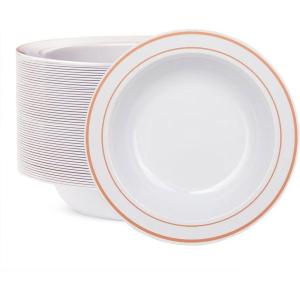 imageWDF 60pcs White Plastic Bowls12 oz Disposable Heavy Duty White Plastic Soup Bowls for Wedding Party Independence Day New YearsRose Gold