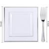 imageWDF 100pcs Silver Plastic Dessert Plates 75quot with 100 Pieces Disposable Forks 74quot Silver Plates Appetizer Plates Small Plates Fancy Salad Plates and Cake Plates for PartyWeddingWhite and Silver
