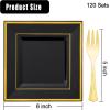 imageWDF 100pcs Silver Plastic Dessert Plates 75quot with 100 Pieces Disposable Forks 74quot Silver Plates Appetizer Plates Small Plates Fancy Salad Plates and Cake Plates for PartyWeddingBlack and Gold