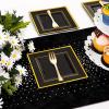 imageWDF 100pcs Silver Plastic Dessert Plates 75quot with 100 Pieces Disposable Forks 74quot Silver Plates Appetizer Plates Small Plates Fancy Salad Plates and Cake Plates for PartyWeddingBlack and Gold