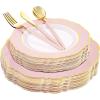 imageWDF 150pieces Baby Blue Plastic Plates with Gold Rim  Disposable Gold Plastic Silverware With Blue HandleBaroque Light BlueampampGold Disposable Plates Dinnerware for WeddingPartyPink