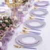 imageWDF 60pcs Clear Purple Plates Disposable with Gold Rim  Baroque Lavender Purple Plastic Plates for PartyWeddingSpring PicnicPurple and Gold