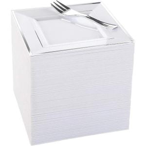 imageWDF 100pcs Silver Plastic Dessert Plates 75quot with 100 Pieces Disposable Forks 74quot Silver Plates Appetizer Plates Small Plates Fancy Salad Plates and Cake Plates for PartyWeddingWhite and Silver